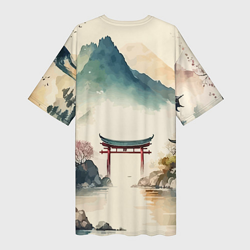 Женская длинная футболка Японский пейзаж - акварель / 3D-принт – фото 2