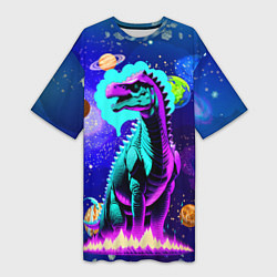 Женская длинная футболка Динозавр в космосе - неоновое свечение