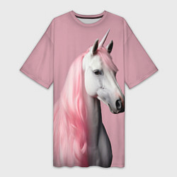Женская длинная футболка Единорог розовая грива