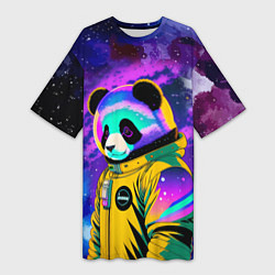 Женская длинная футболка Панда-космонавт в космосе - неон