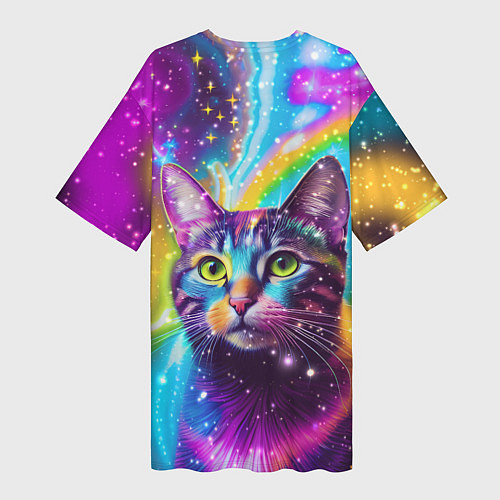 Женская длинная футболка Полосатый кот с разноцветной звездной туманностью / 3D-принт – фото 2