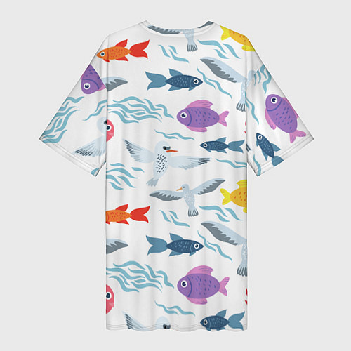 Женская длинная футболка Рыбы и чайки / 3D-принт – фото 2