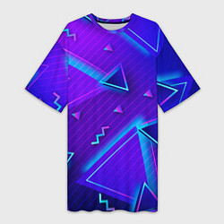 Футболка женская длинная Неоновые треугольники геометрические, цвет: 3D-принт
