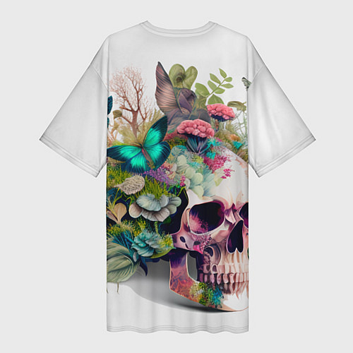 Женская длинная футболка Красивый череп с листьями и бабочками / 3D-принт – фото 2