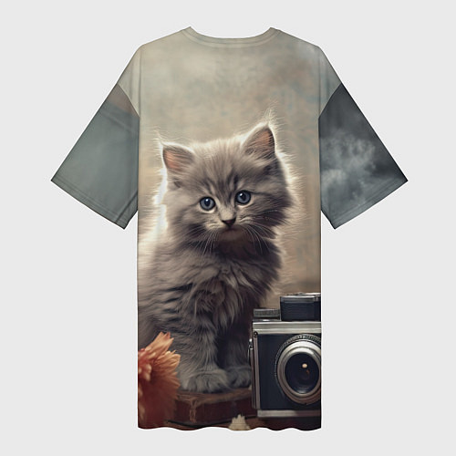 Женская длинная футболка Серый котенок, винтажное фото / 3D-принт – фото 2