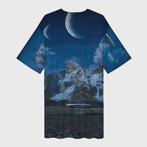 Женская длинная футболка Ночные горы в природе и небо с нло / 3D-принт – фото 2
