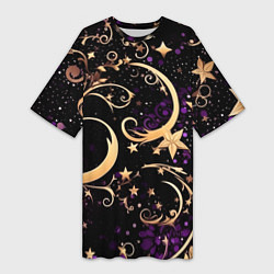 Женская длинная футболка Чёрный паттерн со звёздами и лунами