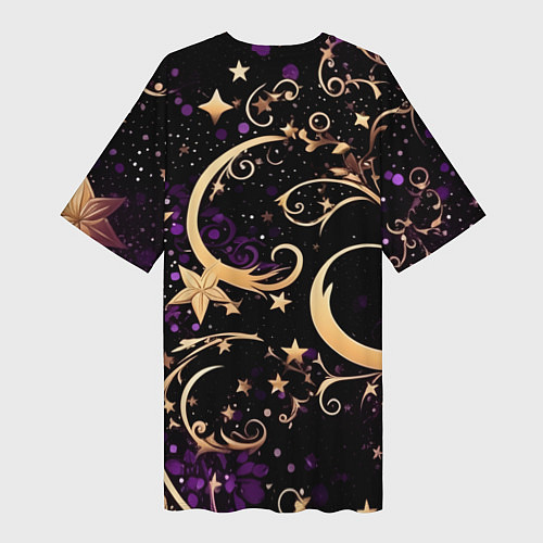 Женская длинная футболка Чёрный паттерн со звёздами и лунами / 3D-принт – фото 2