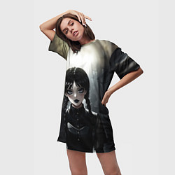 Футболка женская длинная Аниме готическая девушка в темной комнате, цвет: 3D-принт — фото 2