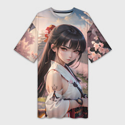 Женская длинная футболка Девушка самурай в саду сакуры