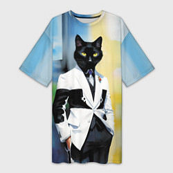 Женская длинная футболка Cat fashionista - neural network - pop art