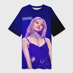 Футболка женская длинная Rose Blackpink blue background, цвет: 3D-принт