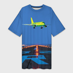 Футболка женская длинная S7 Боинг 737 над взлетной полосой, цвет: 3D-принт