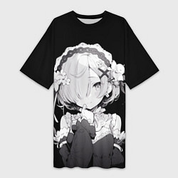 Футболка женская длинная Рем из ре зеро - черно белый портрет, цвет: 3D-принт