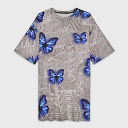Женская длинная футболка Газетные обрывки и синие бабочки