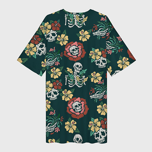 Женская длинная футболка Скелеты и черепа среди цветов / 3D-принт – фото 2