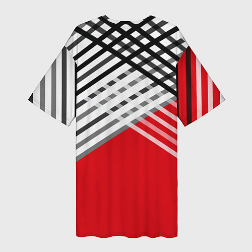 Женская длинная футболка Косые черно-белые полосы на красном / 3D-принт – фото 2