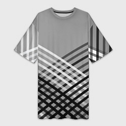Женская длинная футболка Косые черно-белые полосы на сером