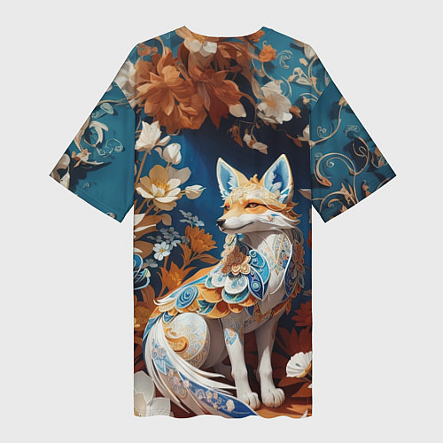 Женская длинная футболка Магический лисёнок в цветах / 3D-принт – фото 2