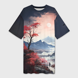 Женская длинная футболка Луна над горами