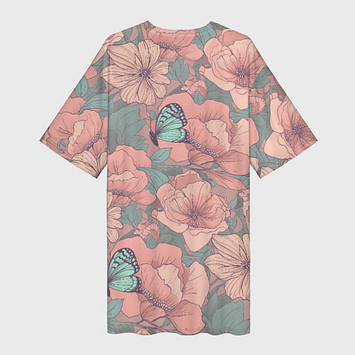 Женская длинная футболка Паттерн с бабочками и цветами / 3D-принт – фото 2