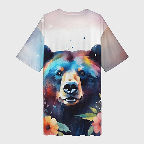 Женская длинная футболка Портрет медведя гризли с цветами акварелью / 3D-принт – фото 2