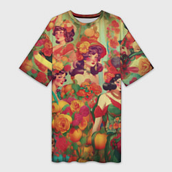 Женская длинная футболка Винтажные ретро леди и цветы