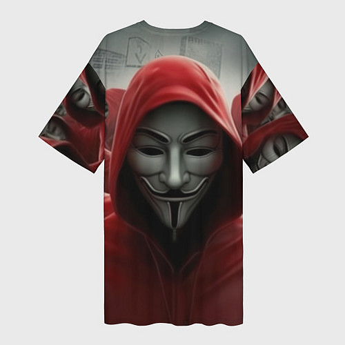 Женская длинная футболка Анонимусы в красных капюшонах / 3D-принт – фото 2