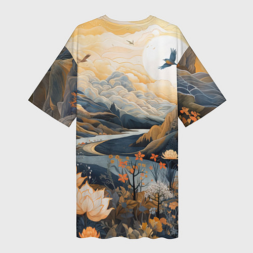 Женская длинная футболка Солнечное утро в цветущих горах / 3D-принт – фото 2