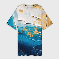 Футболка женская длинная Белый, синий, золотой импасто абстракция, цвет: 3D-принт