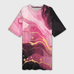 Женская длинная футболка Абстрактный черно-розовый мраморный узор