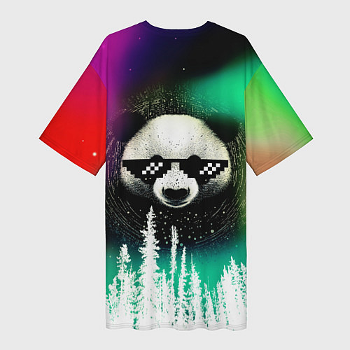 Женская длинная футболка Панда в очках на фоне северного сияния и леса / 3D-принт – фото 2
