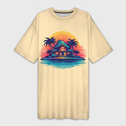 Женская длинная футболка Дом и пальмы на фоне заката