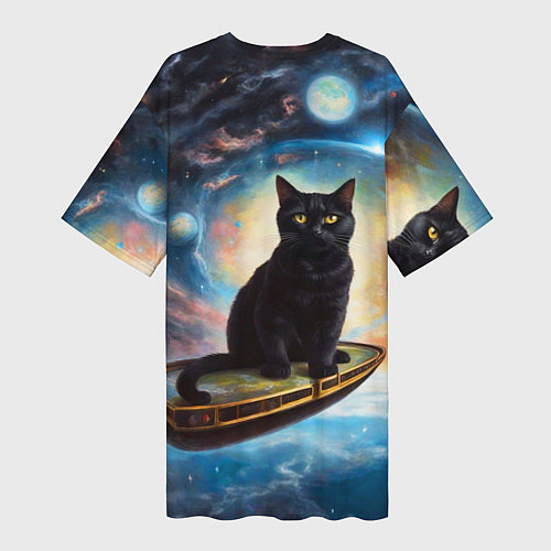 Женская длинная футболка Черный кот на космическом корабле летящий в космос / 3D-принт – фото 2