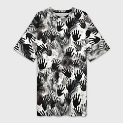 Футболка женская длинная Черно-белые руки с ладонями, цвет: 3D-принт