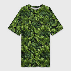Футболка женская длинная Листья папоротника паттерн, цвет: 3D-принт