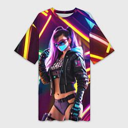 Футболка женская длинная Cool girl - cyberpunk - neon glow, цвет: 3D-принт