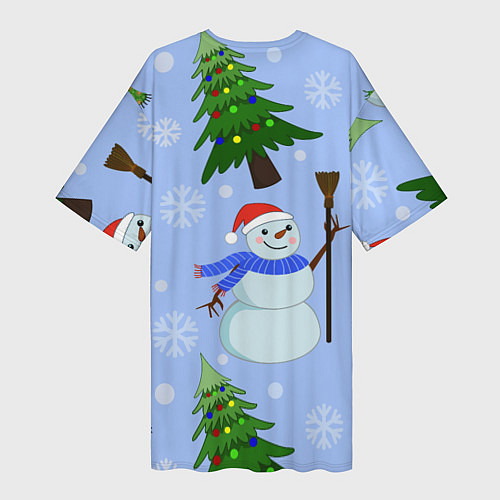 Женская длинная футболка Снеговики с новогодними елками паттерн / 3D-принт – фото 2
