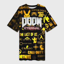 Женская длинная футболка Doom золотые логотипы игр