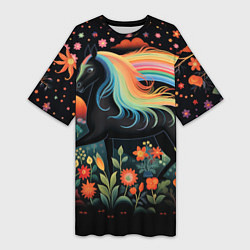Женская длинная футболка Лошадка с радужной гривой в стиле фолк-арт