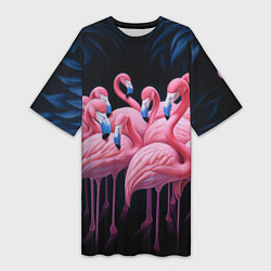 Женская длинная футболка Стая розовых фламинго в темноте