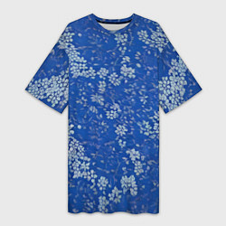 Футболка женская длинная Белые лепестки на синем фоне, цвет: 3D-принт