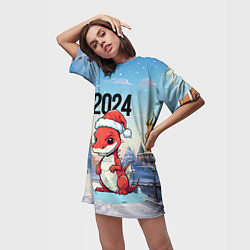 Футболка женская длинная Новогодний дракон 2024, цвет: 3D-принт — фото 2