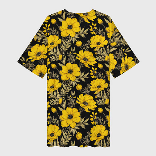 Женская длинная футболка Желтые цветы на черном фоне паттерн / 3D-принт – фото 2
