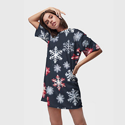 Футболка женская длинная Снежинки белые и красные, цвет: 3D-принт — фото 2