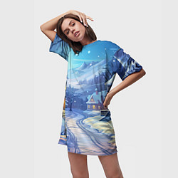 Футболка женская длинная Зимняя новогодняя деревня, цвет: 3D-принт — фото 2