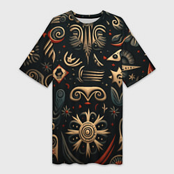 Футболка женская длинная Абстрактный узор в славянском стиле на тёмном фоне, цвет: 3D-принт
