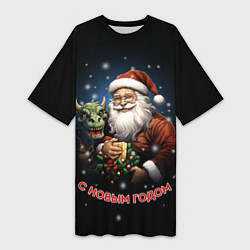 Женская длинная футболка Дед мороз с драконом