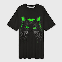 Женская длинная футболка Черный кот в зеленом свечении