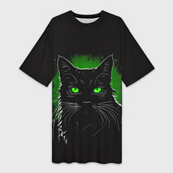 Женская длинная футболка Портрет черного кота в зеленом свечении